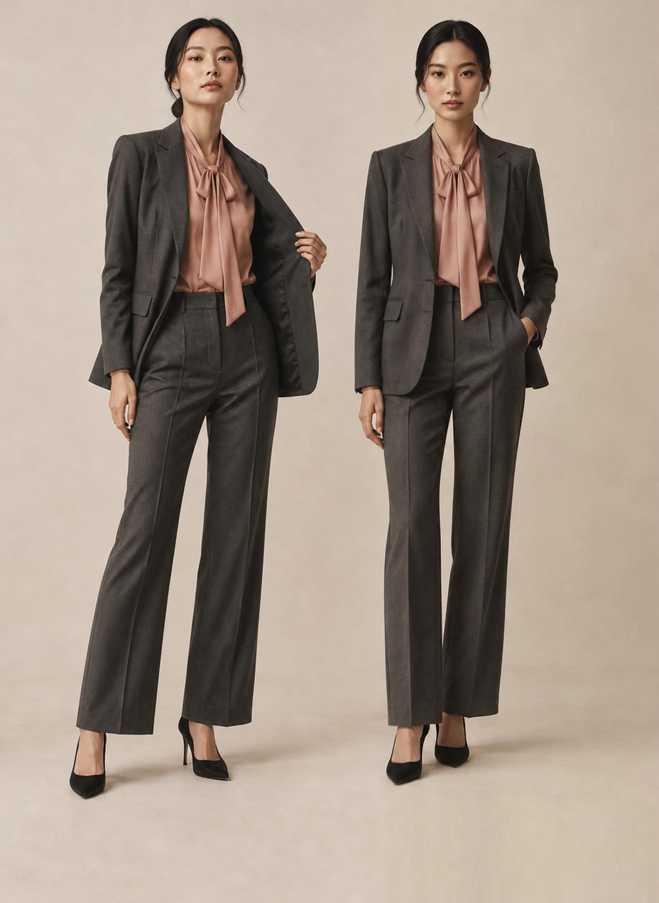 Two model positions used to evaluate fashion movement and garment presentation