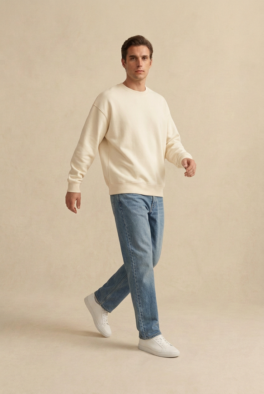 Professional male model mid-turn, presenting garment movement